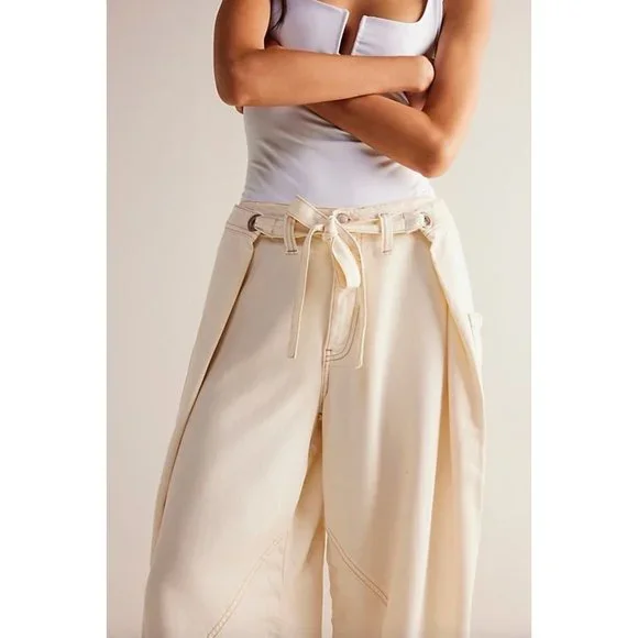 Free People Dunes Wide-Leg Jeans In Ivory Size 26 Retro Y2k Cargo Pants - Picture 4 of 6